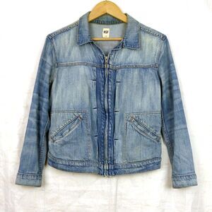 NSF  Denim Jacket Womens M Light Wash Zip Front Distressed Pleat Made In USA